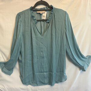 Loft Blue/Green Long Sleeve Blouse with Ruffle detail - Size Small